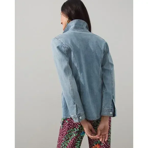 Chico's Womens Embroidered Floral Jean Jacket Shacket Stretch Welt/Chest Pockets